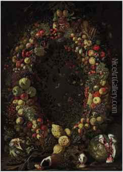 A Garland Of Fruit With Guinea Pigs And Watermelons Oil Painting - Luca Forte