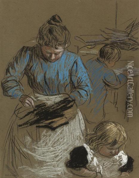 Woman Sewing, Accompanied By Two Children Oil Painting - Horace Mann Livens