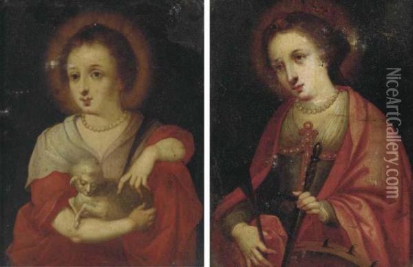 Saint Agnes; And Saint Catherine Oil Painting - Hendrik van Balen