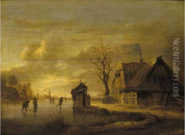 A Winter Landscape With Skaters Before A Cottage Oil Painting - Rafael Govertsz. Camphuysen