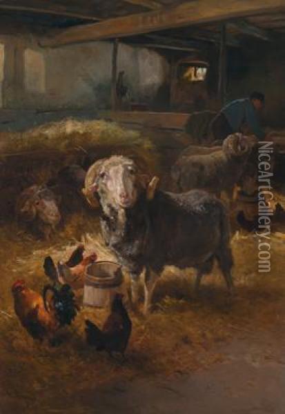 Sheep And Chickens In A Barn Oil Painting - Anton Schrodl