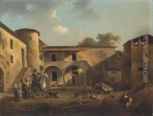 A Courtyard With A Horseman Departing From His Family Oil Painting - Alexandre Hyacinthe Dunouy