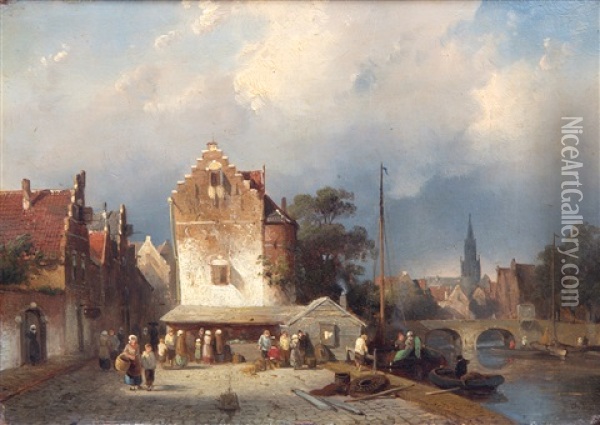 Activities On A Sunny Quay In A Dutch Village Oil Painting - Charles Henri Joseph Leickert