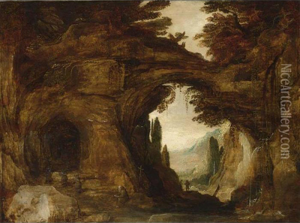 Monks Praying In A Grotto Oil Painting - Joos De Momper