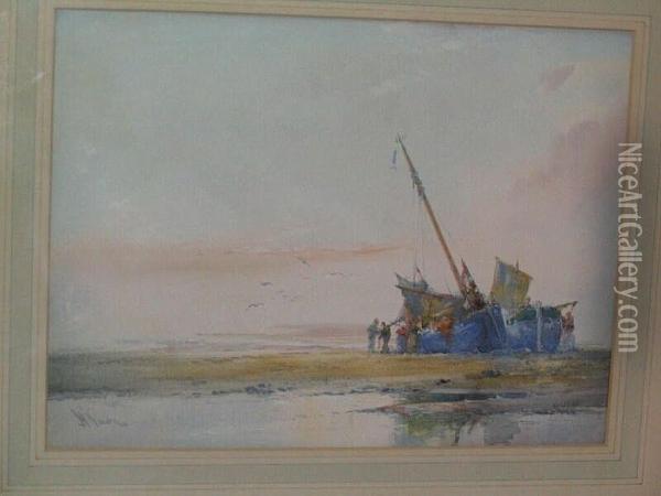 Shore Scene With Figures Unloading Fishing Boats Oil Painting - William Knox