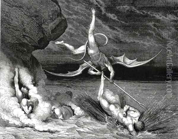 The Inferno, Canto 22, line 70: In pursuit He therefore sped, exclaiming, Thou art caught. Oil Painting - Gustave Dore