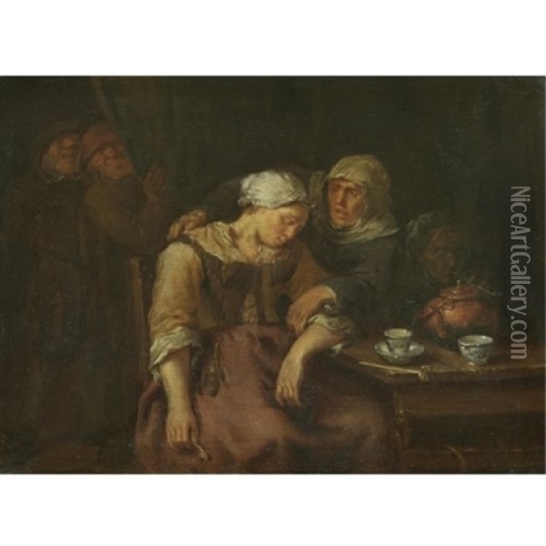 An Interior With Peasants Oil Painting - Egbert van Heemskerck the Elder