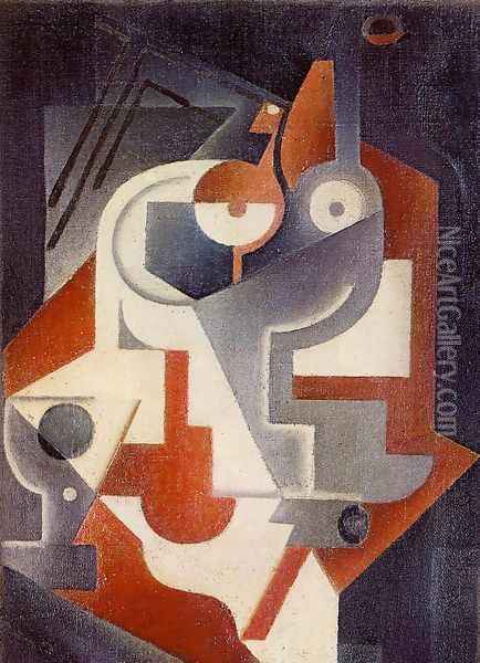 Newspaper, Glass and Pear Oil Painting - Juan Gris