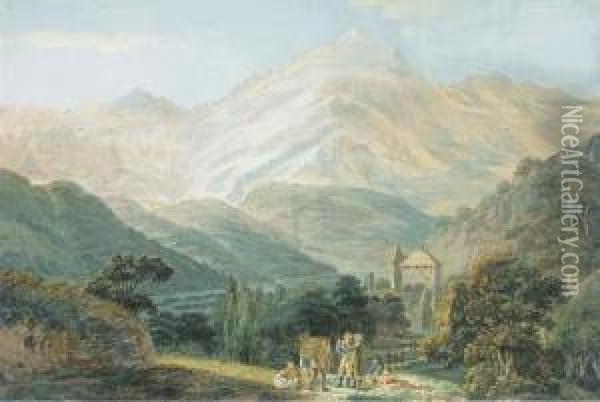 Vue Du Mont-blanc Avec Le Chateau De Sallanches Sur La Route De Cordon Au Premier Plan Oil Painting - Johann Georg Volmar