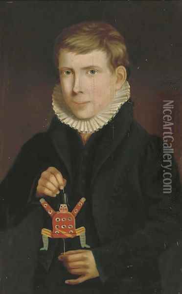 Portrait of a boy, three-quarter-length, holding a jumping-jack Oil Painting - English School