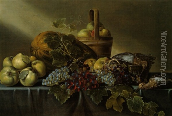 Stilleben Mit Birnen, Weintrauben, Einem Kurbis Und Apfeln In Einem Holzernen Behalter Oil Painting - Abraham Vosmaer
