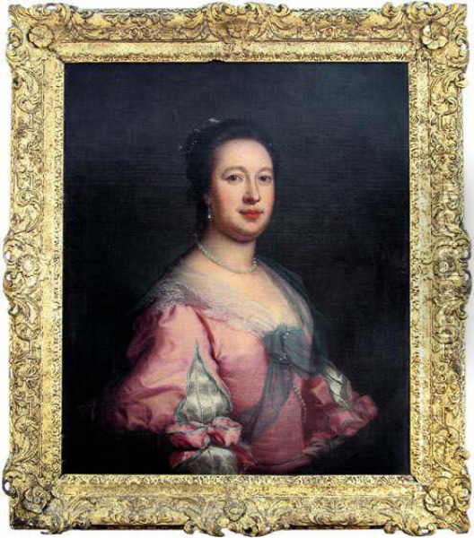A Portrait Believed To Be Of 
Lucy, Countess Of Rochford Wearing A Pink And Blue Edged Satin Dress, 
Pearl Necklace And Earrings, Oval Oil Painting - Josepf Wright Of Derby