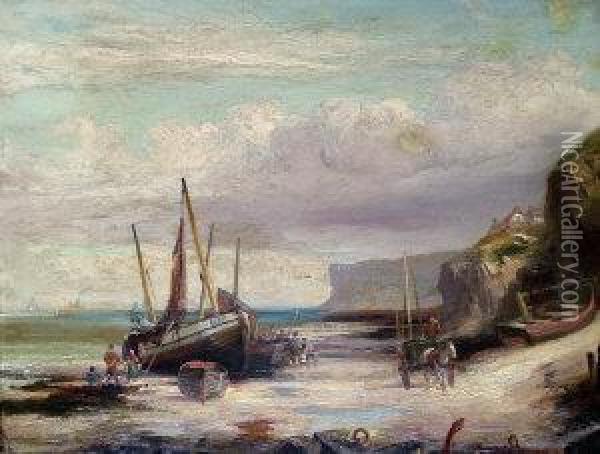 Fisherfolk And Beached Vessels On A Shore Oil Painting - Robert Ernest Roe