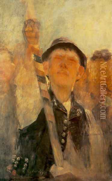 Flag-bearer study for the Rakoczi-march 1899 Oil Painting - Simon Hollosy