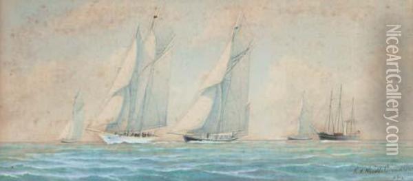 Big-class Yachts Racing Upwind Oil Painting - Richard Henry Neville-Cumming