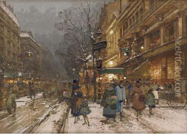 A Parisian Street Scene Oil Painting - Eugene Galien-Laloue