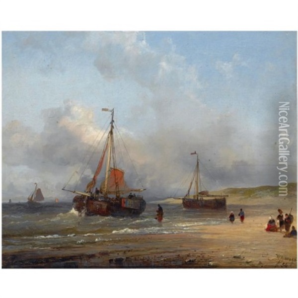 A Bomschuit In The Breakers, Scheveningen Oil Painting - Wilhelm Georg Wagner