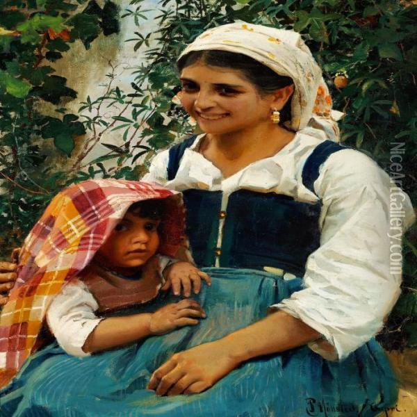 Smiling Italian Girl With A Child Oil Painting - Peder Mork Monsted