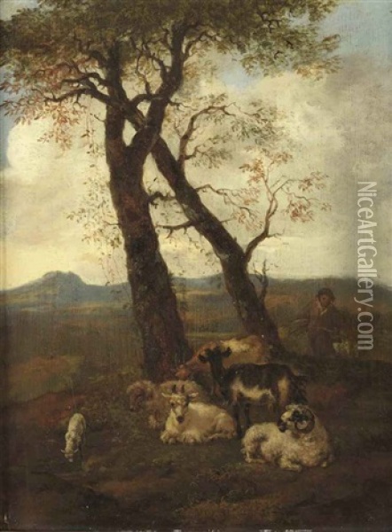 A Hilly Landscape With A Shepherd And His Flock Oil Painting - Jacob van der Does the Elder