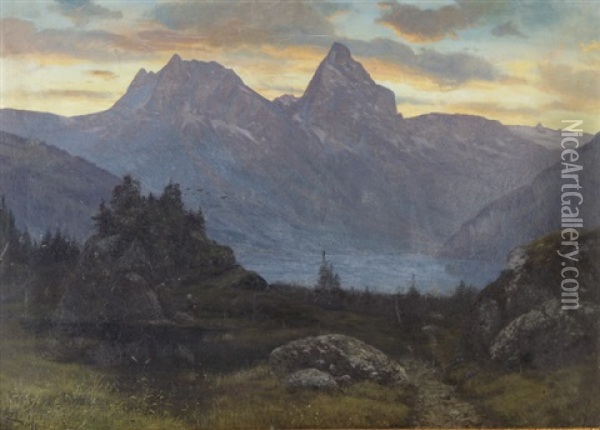 Abendsonne Uber Den Mythen Mit Lauerzersee Oil Painting - Ernst Hodel the Elder