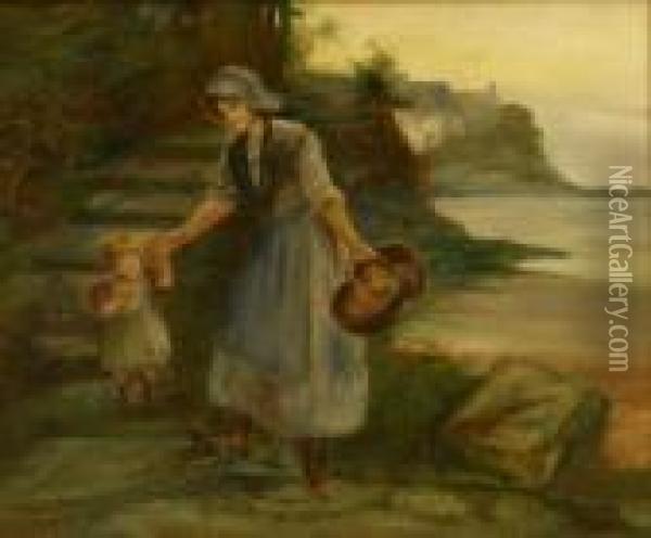 Fishergirl And Child At Runswick Bay Oil Painting - James Watson