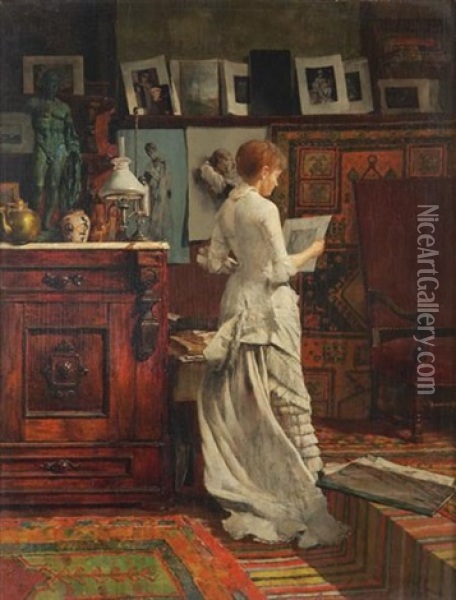 Elegant Woman Looking At A Print Oil Painting - Louis Charles Moeller