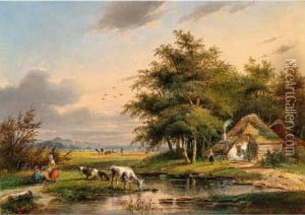 Cows In A Meadow, Travellers Resting Nearby Oil Painting - Gerardus Hendriks