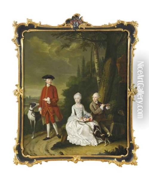 A Group Portrait Of Isaac Willensz Hooft, Daniel Willensz Hooft And Clare Hidegonda Hooft With A Spaniel And Lurcher In A Landscape Oil Painting - Tiebout Regters