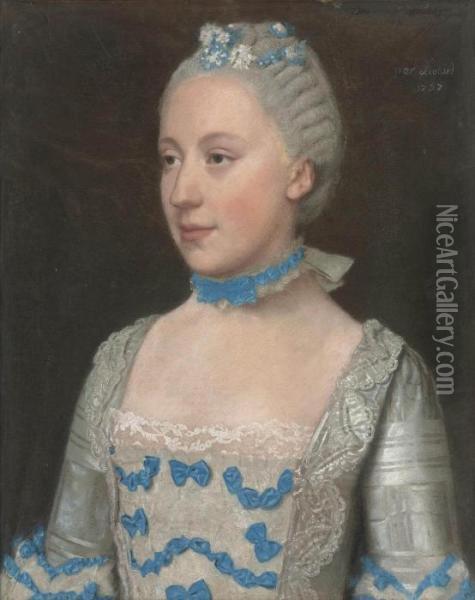 Portrait Of Madame Saint Pol, 
Half-length, In A Light Blue Gown Trimmed With Blue Silk Bows And White 
Lace Oil Painting - Etienne Liotard