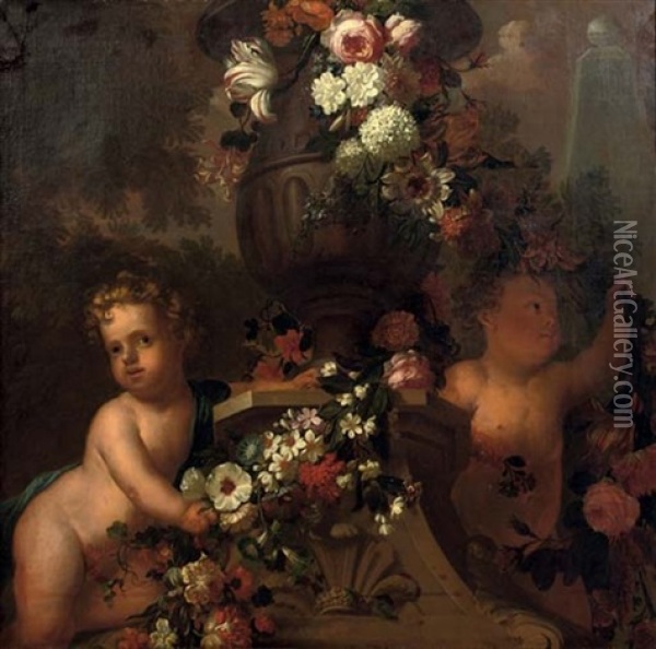Putti Playing With Garlands Of Flowers By A Classical Urn In A Park Landscape Oil Painting - Elias van Nymegen