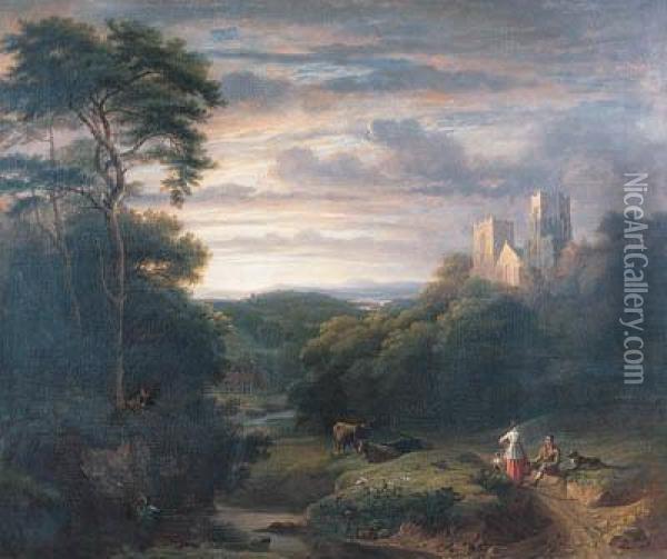 Figures Resting In A Wooded Valley With A Derelict Church On Ahilltop Oil Painting - James Arthur O'Connor