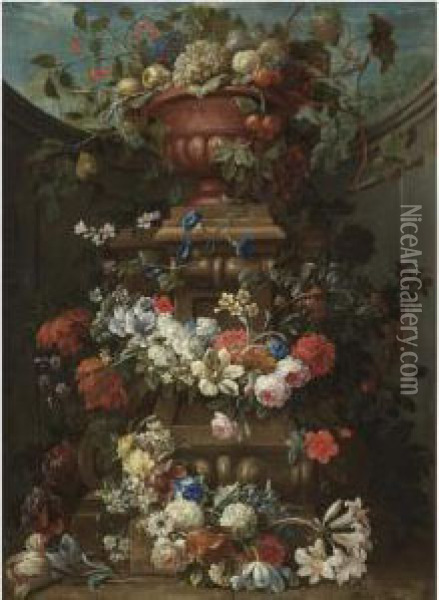Still Life With Fruit In A 
Bronze Urn Atop A Stone Plinth Decoratedwith Garlands Of Flowers Oil Painting - Gaspar-pieter The Younger Verbruggen