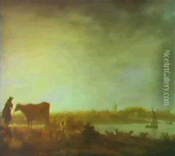 A Distant View Of Vianen With Cattle And A Herdsman In The  Foreground Oil Painting - Aelbert Cuyp