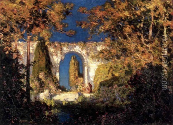 An Idyllic Landscape With Figures By An Archway In The Distance Oil Painting - Thomas Edwin Mostyn