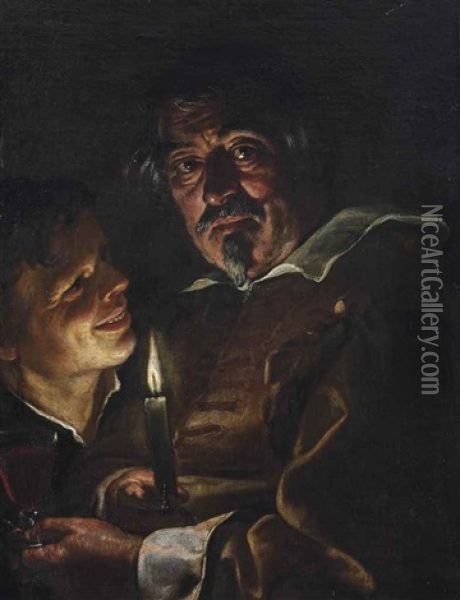 A Man Holding A Candle And A Glass Of Red Wine, And A Boy Embracing Him Oil Painting - Gerrit Van Honthorst