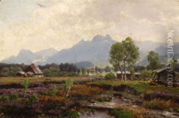 Moorlandschaft Im Vorgebirge: Murnauer Moor (+ Spazierganger Am Ufer Eines Voralpensees; 2 Works) Oil Painting - Josef Schoyerer