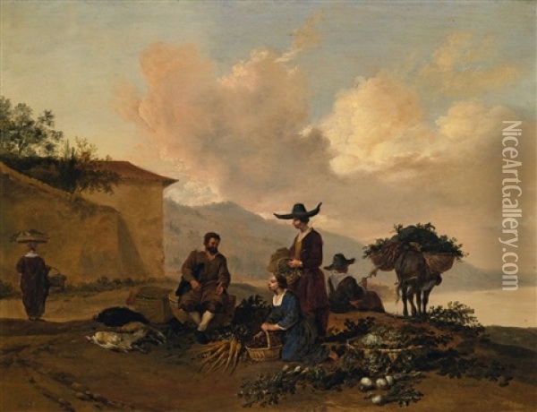Landscape With A Vegetable Seller Oil Painting - Hendrick Mommers