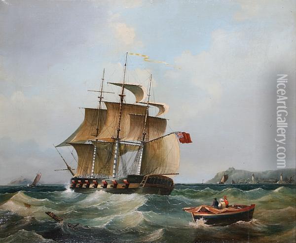 A Frigate At Sea Oil Painting - Thomas Whitcombe