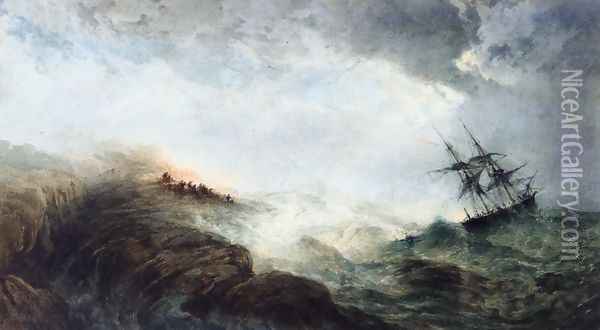 A Ship in Distress, with Figures n the Shore Firing a Rocket Oil Painting - Edward Duncan
