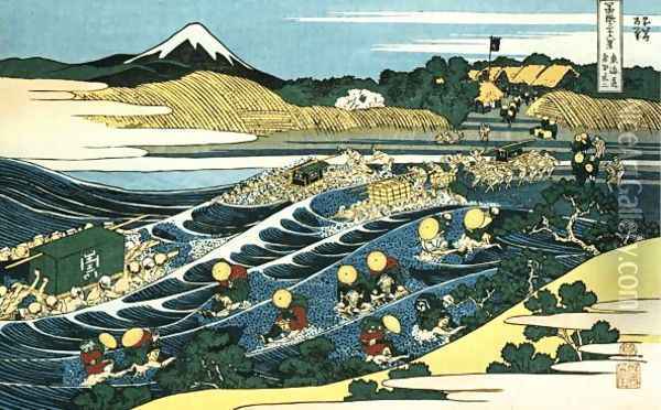 Travellers Crossing the Oi River Oil Painting - Katsushika Hokusai