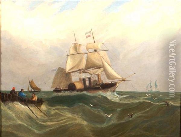 Portrait Of A Paddle Steamer In Full Sail In Rough Seas Oil Painting - William James Callcott