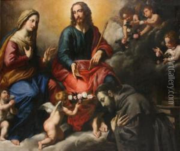 Cristo Con La Madonna E San Francesco Attorniato Da Angeli Che Portano Cesti Di Rose Oil Painting - Domenico Fiasella
