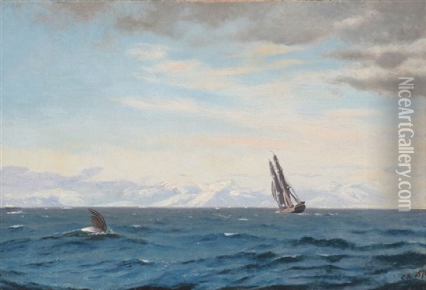 Humpback Whale And Sailing Ship In The Davis Strait Oil Painting - Carl (Jens Erik C.) Rasmussen