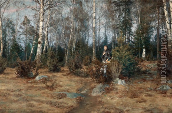 Kvinna I Varlandskap Oil Painting - Johan Fredrik Krouthen