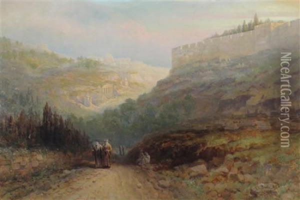 View Of Jerusalem With Travellers On The Roadside Oil Painting - Samuel Lawson Booth