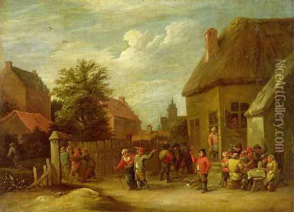 The courtyard of a village inn with a man toasting departing revellers Oil Painting - David The Younger Teniers