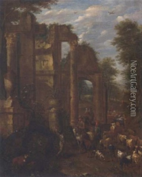 An Italianate Landscape With Classical Ruins And Drovers And Their Cattle And Travellers On A Track Oil Painting - Antoon Goubau
