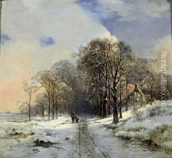 A Snow Covered Forest Path Oil Painting - Jan Pieter Waterloo