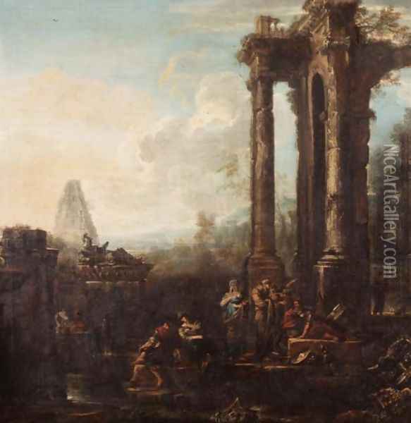 A capriccio of classical ruins Oil Painting - John Wootton