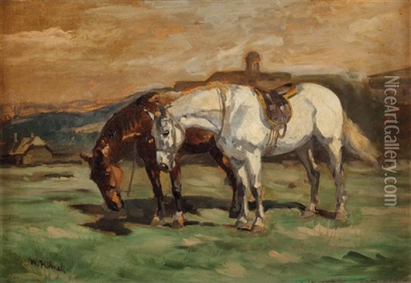 Zwei Reitpferde Oil Painting - Wilhelm Hohnel